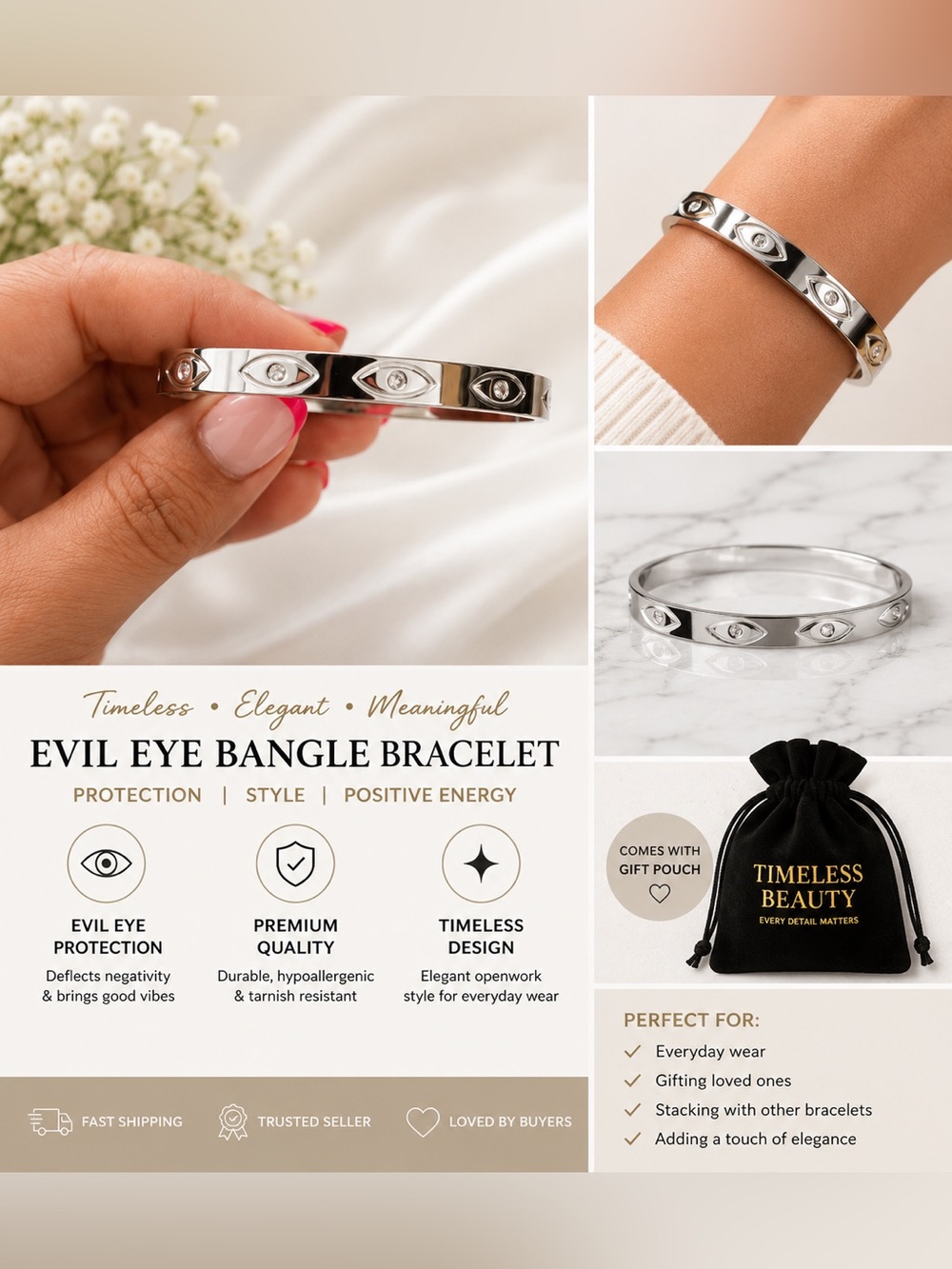 🧿Silver Evil Eye Bangle Bracelet🧿